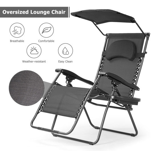 Folding Recliner Lounge Chair with Shade Canopy Cup Holder-Black Supply