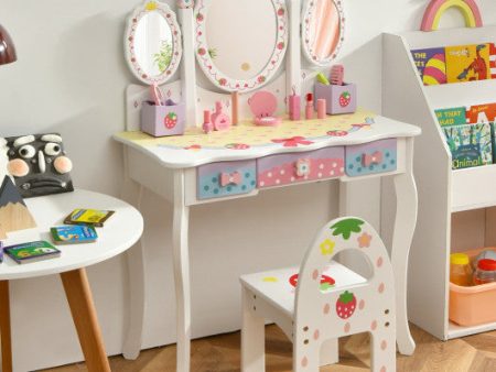 Kids Vanity Princess Makeup Dressing Table Chair Set with Tri-fold Mirror-White Supply