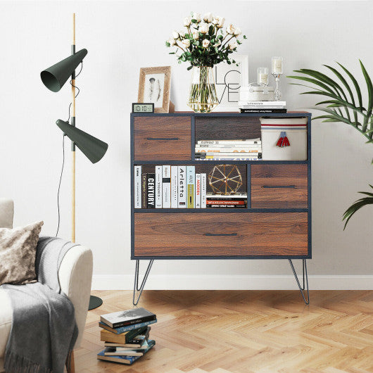 3-Tier Wood Storage Cabinet with Drawers and 4 Metal Legs For Cheap