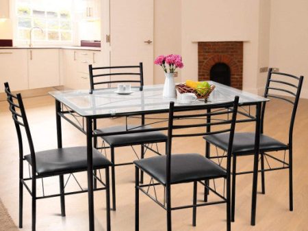 5 Pieces Dining Set with Tempered Glass Top Table and 4 Upholstered Chairs For Sale