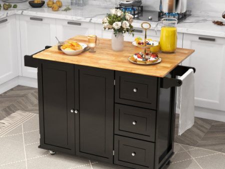 Kitchen Island Trolley Cart Wood with Drop-Leaf Tabletop and Storage Cabinet-Black Supply