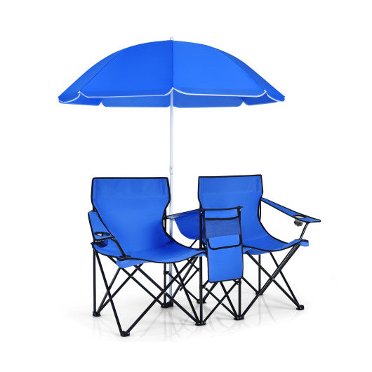 Portable Folding Picnic Double Chair with Umbrella-Blue Cheap