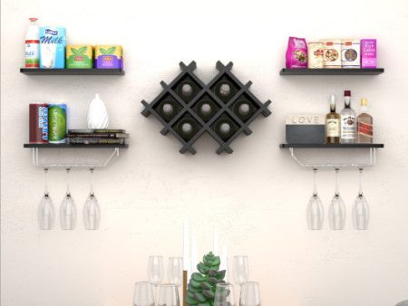 Set of 5 Wall Mount Wine Rack Set with Storage Shelves-Black Supply