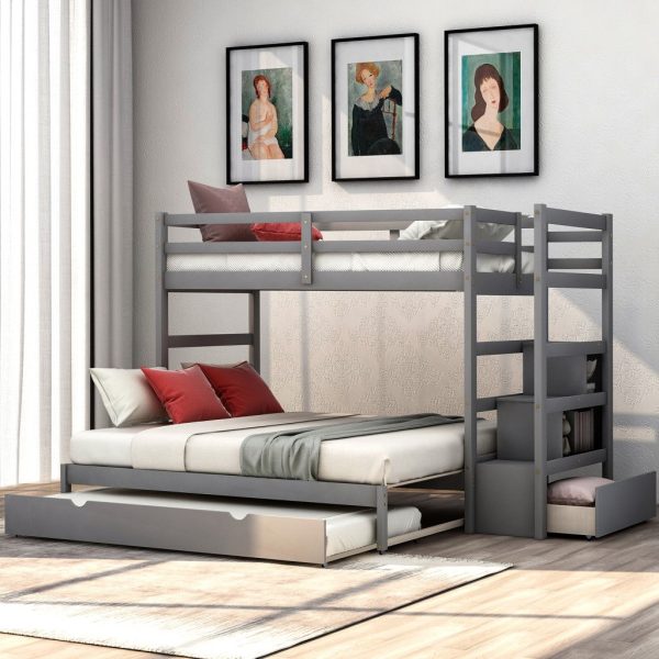 Gray Twin Over Twin Contemporary Bunk Bed With Stairs Discount