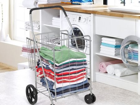 Folding Shopping Cart for Laundry with Swiveling Wheels and Dual Storage Baskets-Sliver on Sale