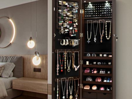 Lockable Wall Mount Mirrored Jewelry Cabinet with LED Lights-Brown Online Hot Sale