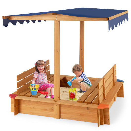 Kids Wooden Sandbox with Canopy and 2 Bench Seats Discount