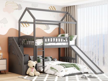 Gray Twin Over Twin PlayHouse Perpendicular Bunk Bed with Slide Sale