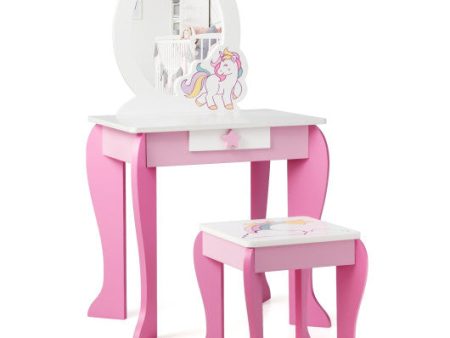 Kids Wooden Makeup Dressing Table and Chair Set with Mirror and Drawer Online