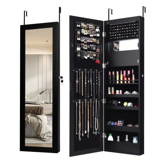 Lockable Wall Door Mounted Mirror Jewelry Cabinet w LED Lights-Black Online Sale