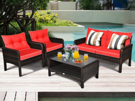 4 Pieces Outdoor Rattan Wicker Loveseat Furniture Set with Cushions-Red Online Hot Sale