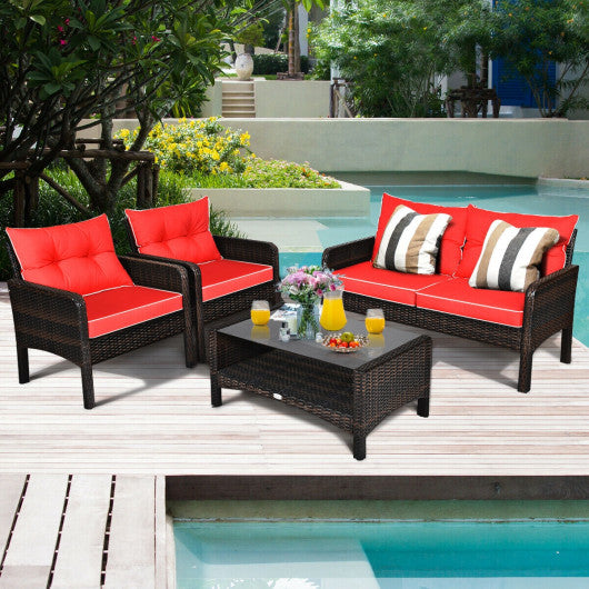 4 Pieces Outdoor Rattan Wicker Loveseat Furniture Set with Cushions-Red Online Hot Sale