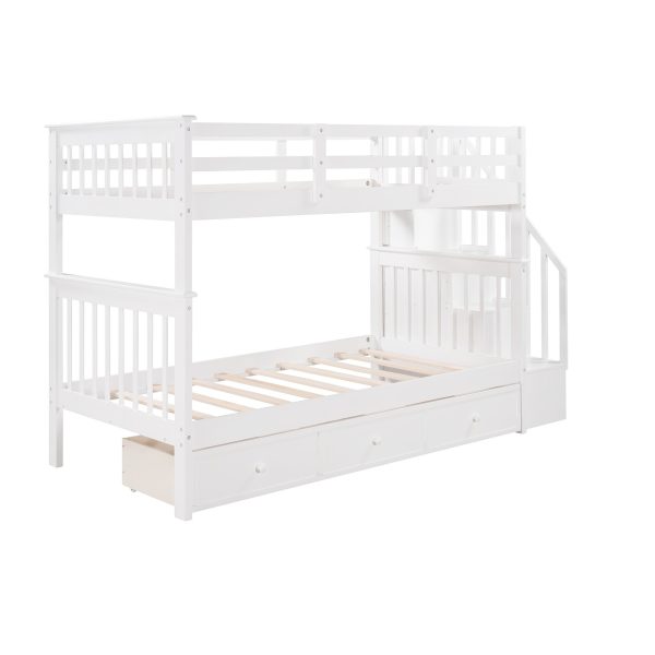 White Twin Over Twin Bunk Bed with Stairway and Drawers Discount