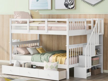 White Double Full Size Stairway Bunk Bed With Drawer For Sale