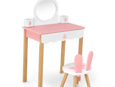 Kids Vanity Set Rabbit Makeup Dressing Table Chair Set with Mirror and Drawer-Pink Online now