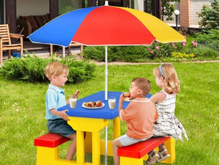 Kids Picnic Folding Table and Bench with Umbrella-Yellow For Discount