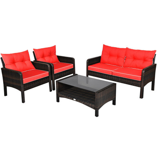 4 Pieces Outdoor Rattan Wicker Loveseat Furniture Set with Cushions-Red Online Hot Sale