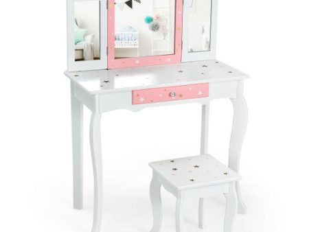 Kids Princess Vanity Table and Stool Set with Tri-folding Mirror and Drawer-White For Discount