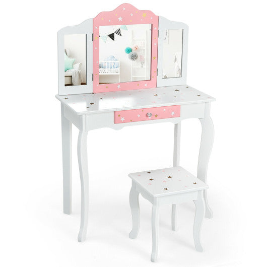 Kids Princess Vanity Table and Stool Set with Tri-folding Mirror and Drawer-White For Discount