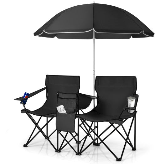 Portable Folding Picnic Double Chair With Umbrella-Black Online now