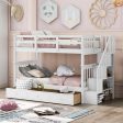 White Twin Over Twin Bunk Bed with Stairway and Drawers Discount