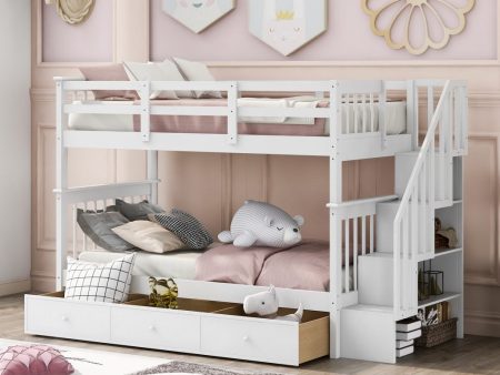 White Twin Over Twin Bunk Bed with Stairway and Drawers Discount