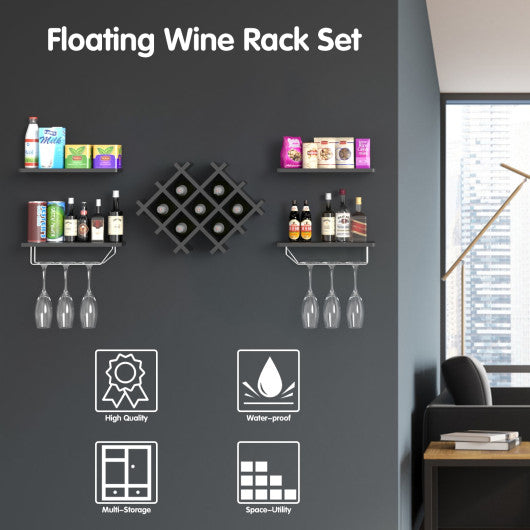 Set of 5 Wall Mount Wine Rack Set with Storage Shelves-Black Supply