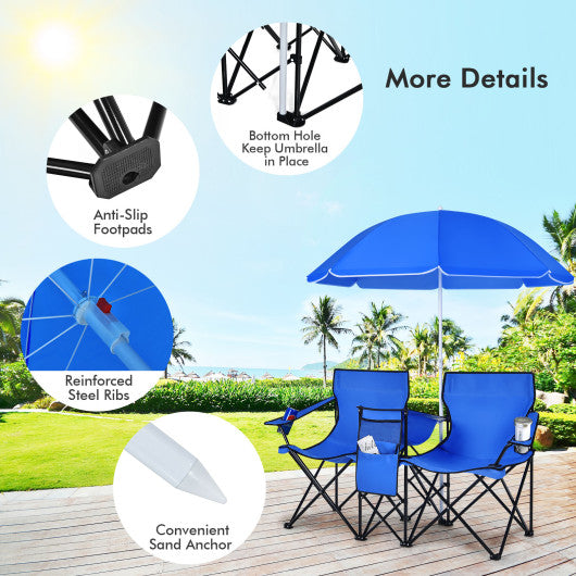 Portable Folding Picnic Double Chair with Umbrella-Blue Cheap