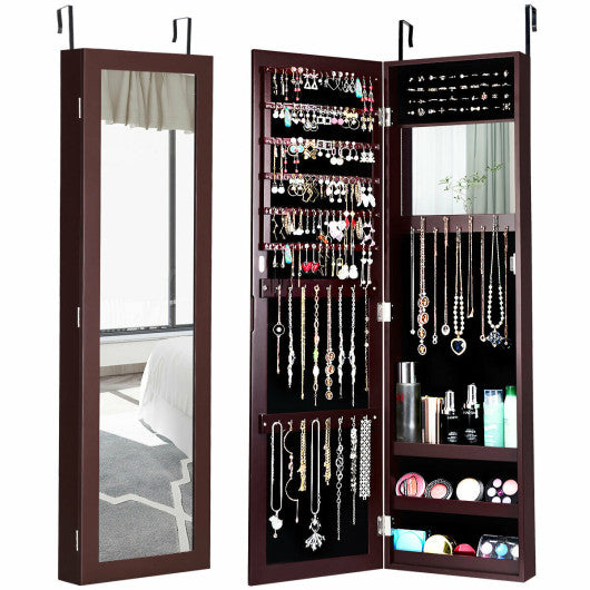 Full Length Mirror Jewelry Cabinet with Ring Slots and Necklace Hooks-Dark Brown Sale