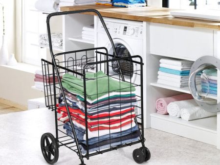 Folding Shopping Cart for Laundry with Swiveling Wheels and Dual Storage Baskets-Black For Discount