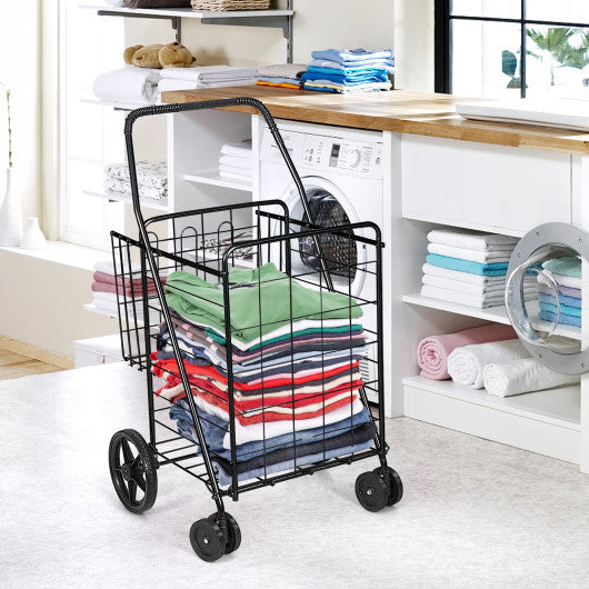 Folding Shopping Cart for Laundry with Swiveling Wheels and Dual Storage Baskets-Black For Discount