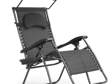 Folding Recliner Lounge Chair with Shade Canopy Cup Holder-Black Supply