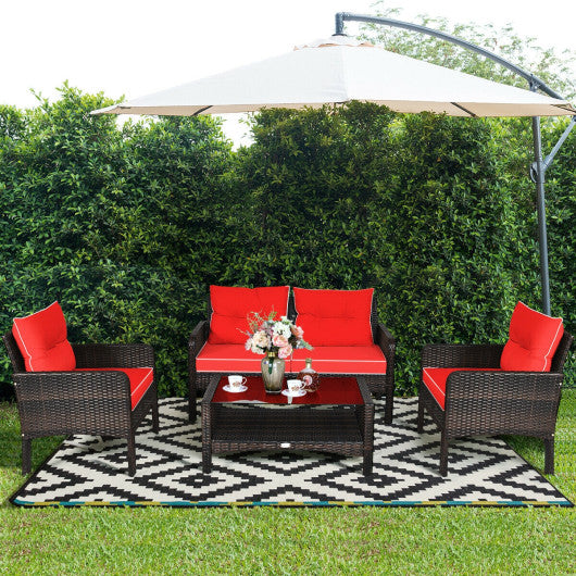 4 Pieces Outdoor Rattan Wicker Loveseat Furniture Set with Cushions-Red Online Hot Sale