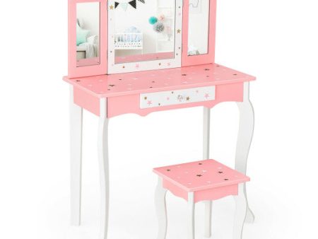 Kids Princess Vanity Table and Stool Set with Tri-folding Mirror and Drawer-Pink Fashion