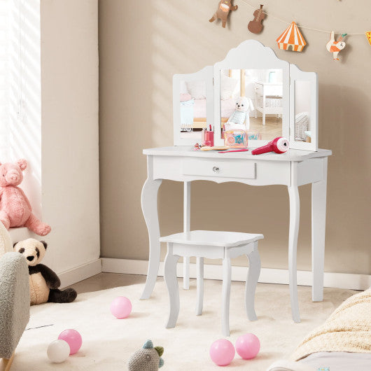 Kids Makeup Dressing Mirror Vanity Table Stool Set on Sale