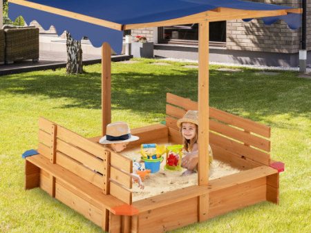 Kids Wooden Sandbox with Canopy and 2 Bench Seats Discount