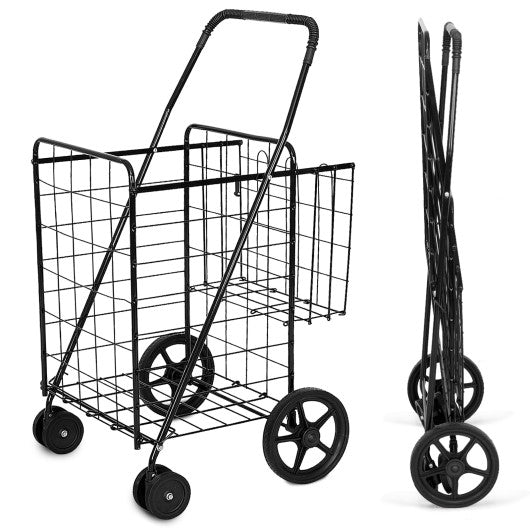 Folding Shopping Cart for Laundry with Swiveling Wheels and Dual Storage Baskets-Black For Discount