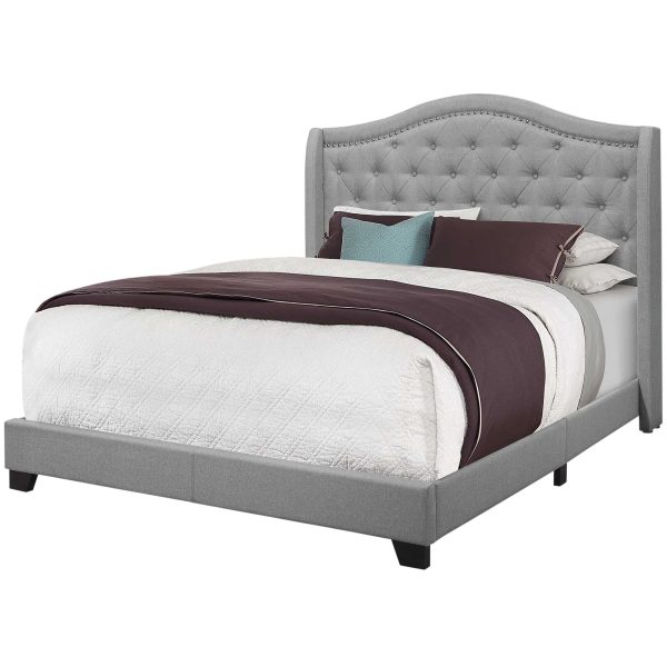 Solid Wood Queen Tufted Gray Upholstered Linen Bed With Nailhead Trim on Sale