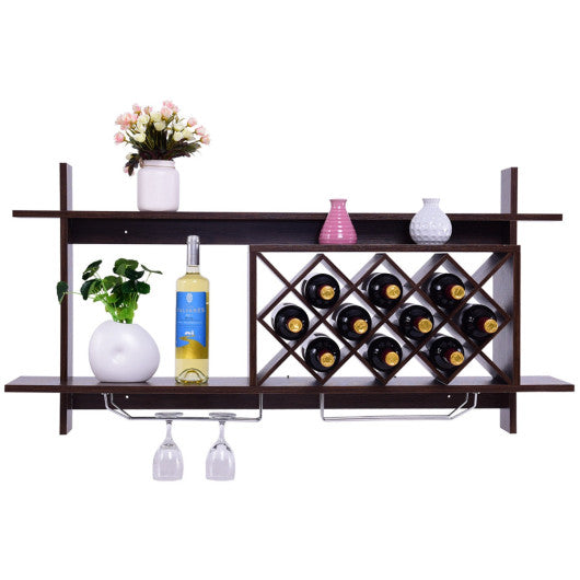 Wall Mount Wine Rack with Glass Holder & Storage Shelf-Walnut Supply