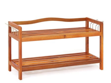 2-Tier Acacia Wood Shoe Rack with 4 Side Metal Hooks For Cheap