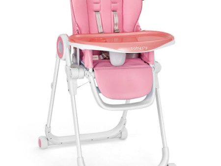 Baby High Chair Foldable Feeding Chair with 4 Lockable Wheels-Pink Online Sale