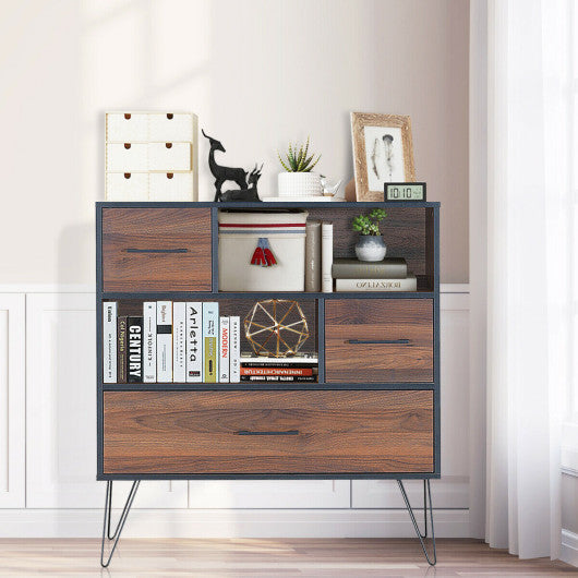 3-Tier Wood Storage Cabinet with Drawers and 4 Metal Legs For Cheap