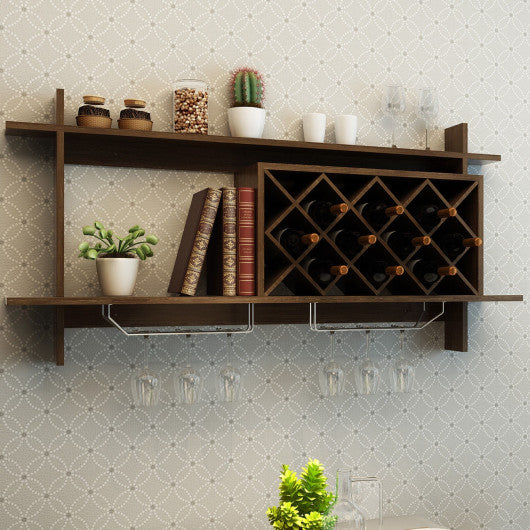 Wall Mount Wine Rack with Glass Holder & Storage Shelf-Walnut Supply