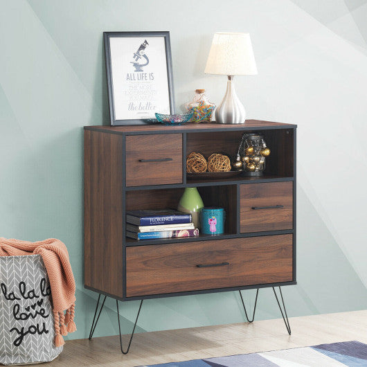 3-Tier Wood Storage Cabinet with Drawers and 4 Metal Legs For Cheap