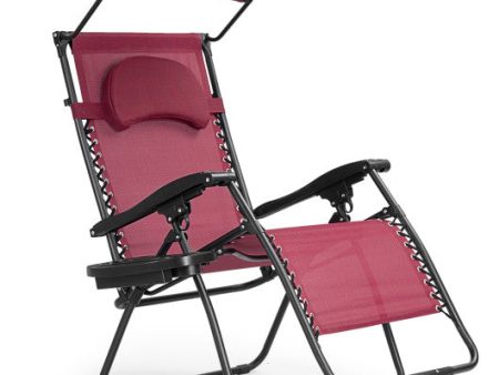 Folding Recliner Lounge Chair with Shade Canopy Cup Holder-Dark Red Sale