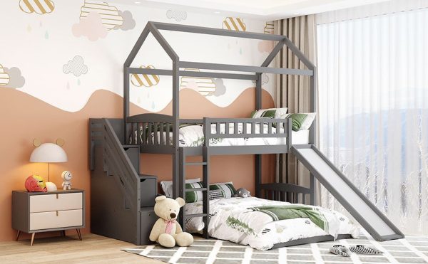 Gray Twin Over Twin PlayHouse Perpendicular Bunk Bed with Slide Sale