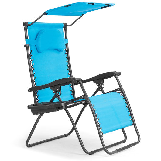 Folding Recliner Lounge Chair with Shade Canopy Cup Holder-Blue Hot on Sale