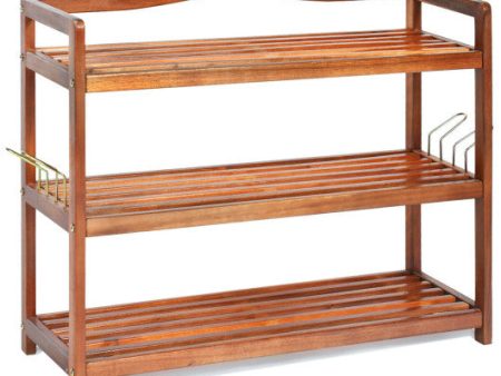 3-Tier Acacia Wood Shoe Rack with Side Metal Hooks Sale