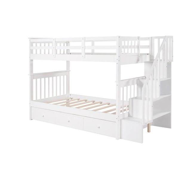 White Twin Over Twin Bunk Bed with Stairway and Drawers Discount