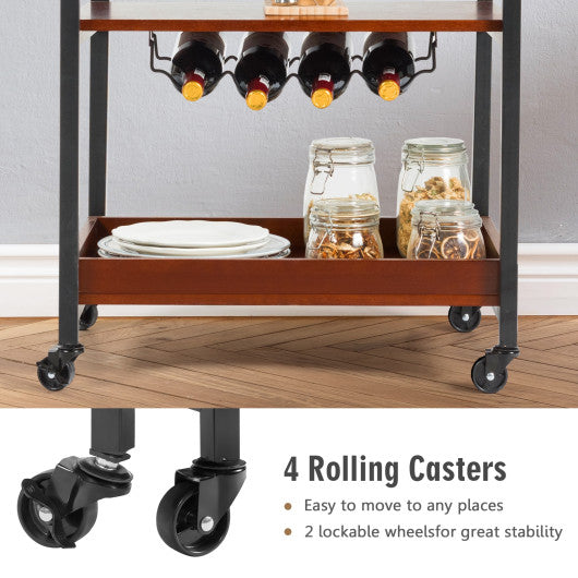 3 Tiers Kitchen Island Serving Bar Cart with Glasses Holder and Wine Bottle Rack Discount